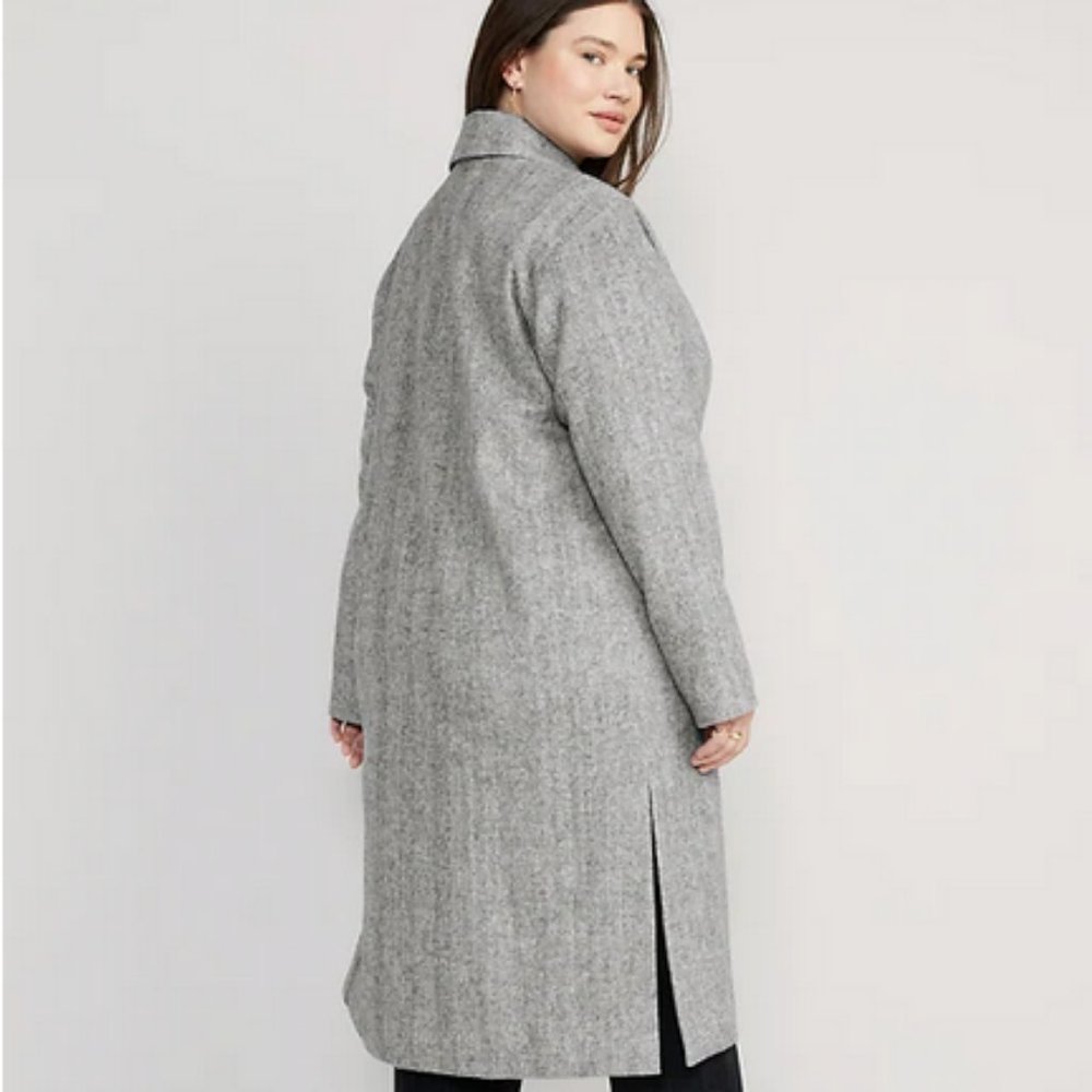 Old Navy long slouchy double-breasted coat Jacket small tall grey Houndstooth - Picture 3 of 14